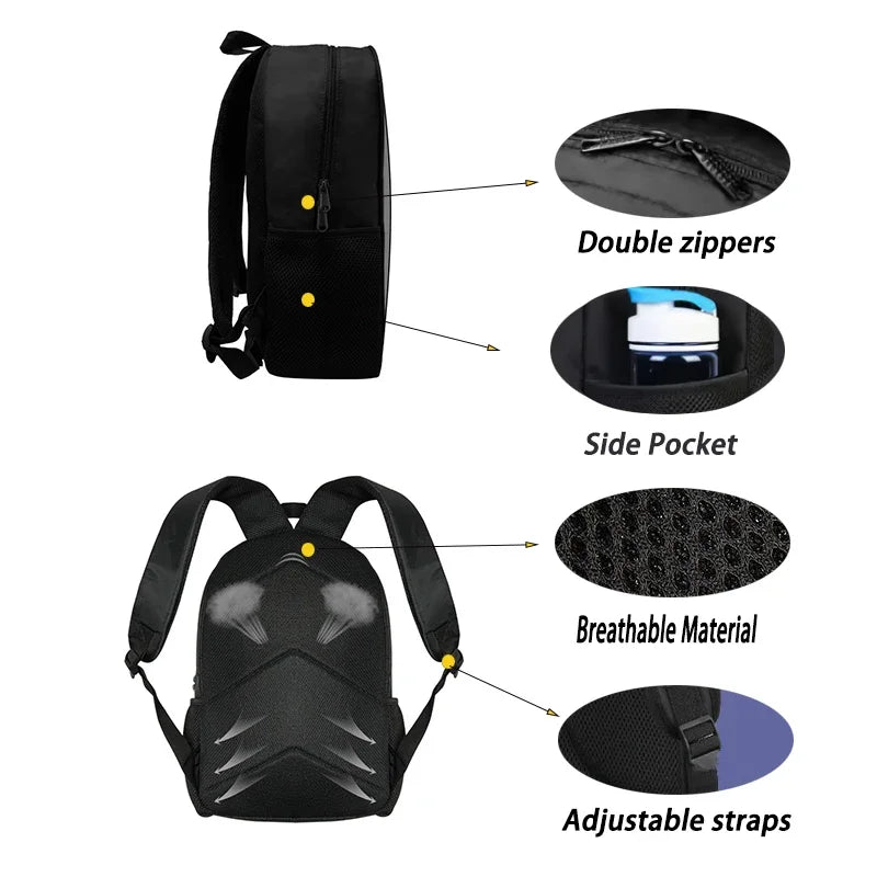 Black cartoon character school backpack set showing details like double zippers, side pocket, breathable material, and adjust