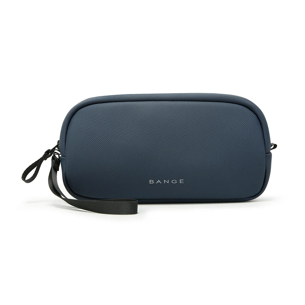 A navy blue Bange travel electronics organizer pouch lying flat.