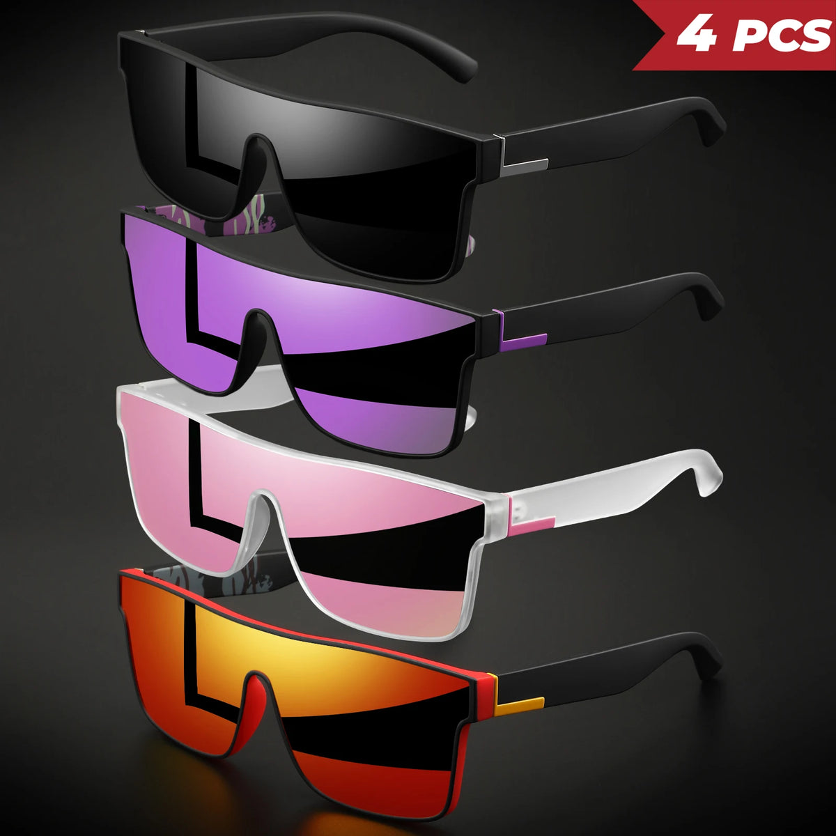 A stack of four square sport sunglasses in various colors including black purple pink and orange.