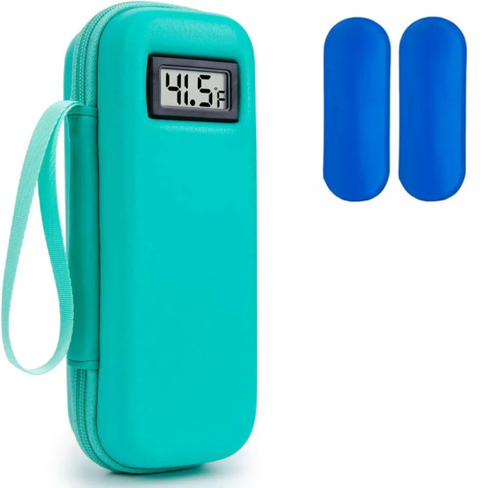 Estuche portátil de insulina color verde azulado con monitor digital de temperatura que muestra 41.5°F y dos tubos aislantes 
