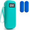 Estuche portátil de insulina color verde azulado con monitor de temperatura digital que muestra 41.5°F y dos tubos aislantes 