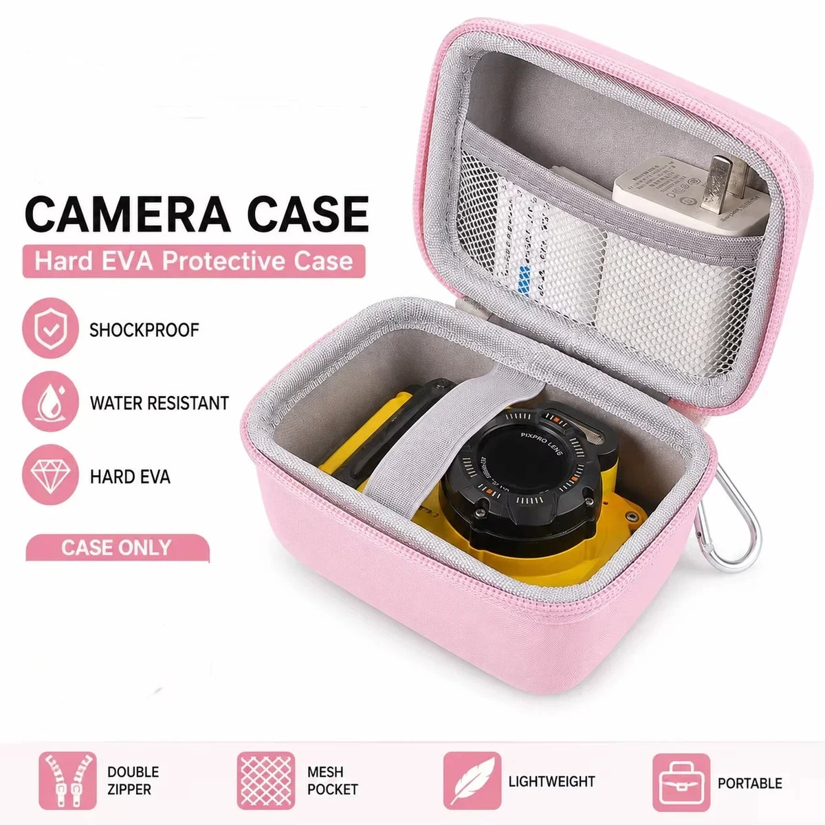 Pink hard EVA protective camera case with mesh pocket and double zipper for portable travel
