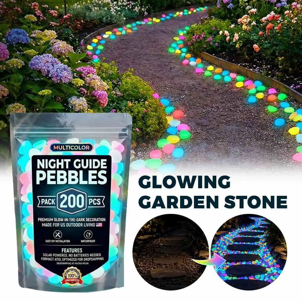 Bag of multicolor glow-in-the-dark solar pebbles used for garden and pathway decoration