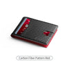 A black carbon fiber pattern trifold wallet with red accents shown from the side.