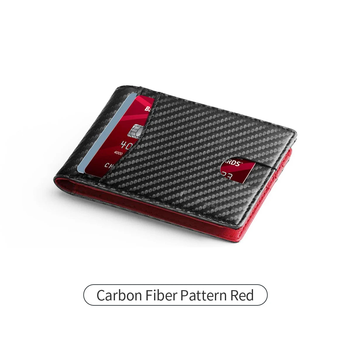 A black carbon fiber pattern trifold wallet with red accents shown from the side.
