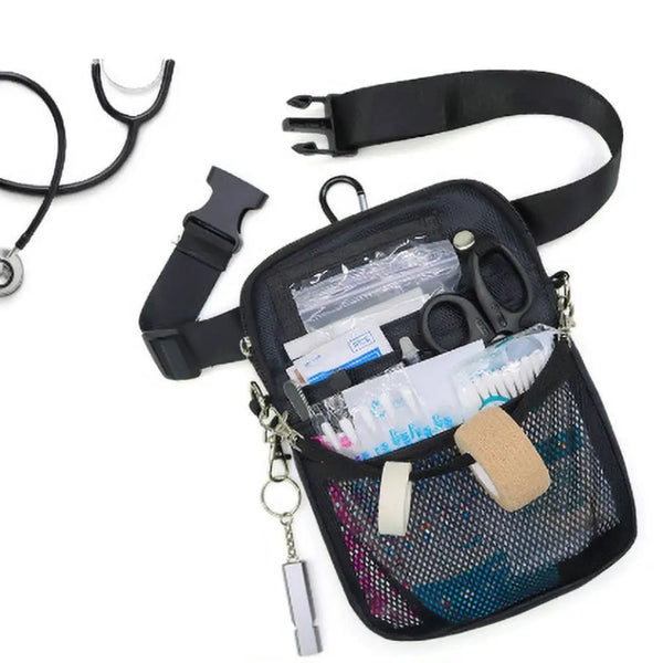 Black adjustable nurse fanny pack with attached stethoscope and various medical tools