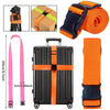 Adjustable luggage strap shown with various components including a strap, a suitcase, and an orange strap.