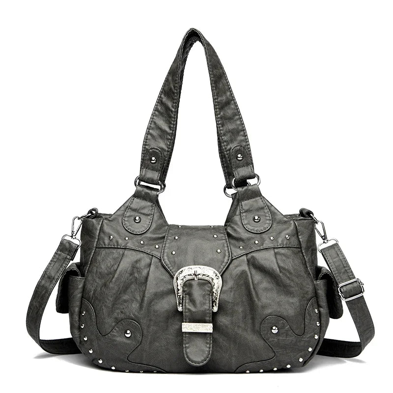 Schwarze Vintage Soft-PU-Leder-Schultertasche mit Klappverschluss und verstellbarem Riemen.