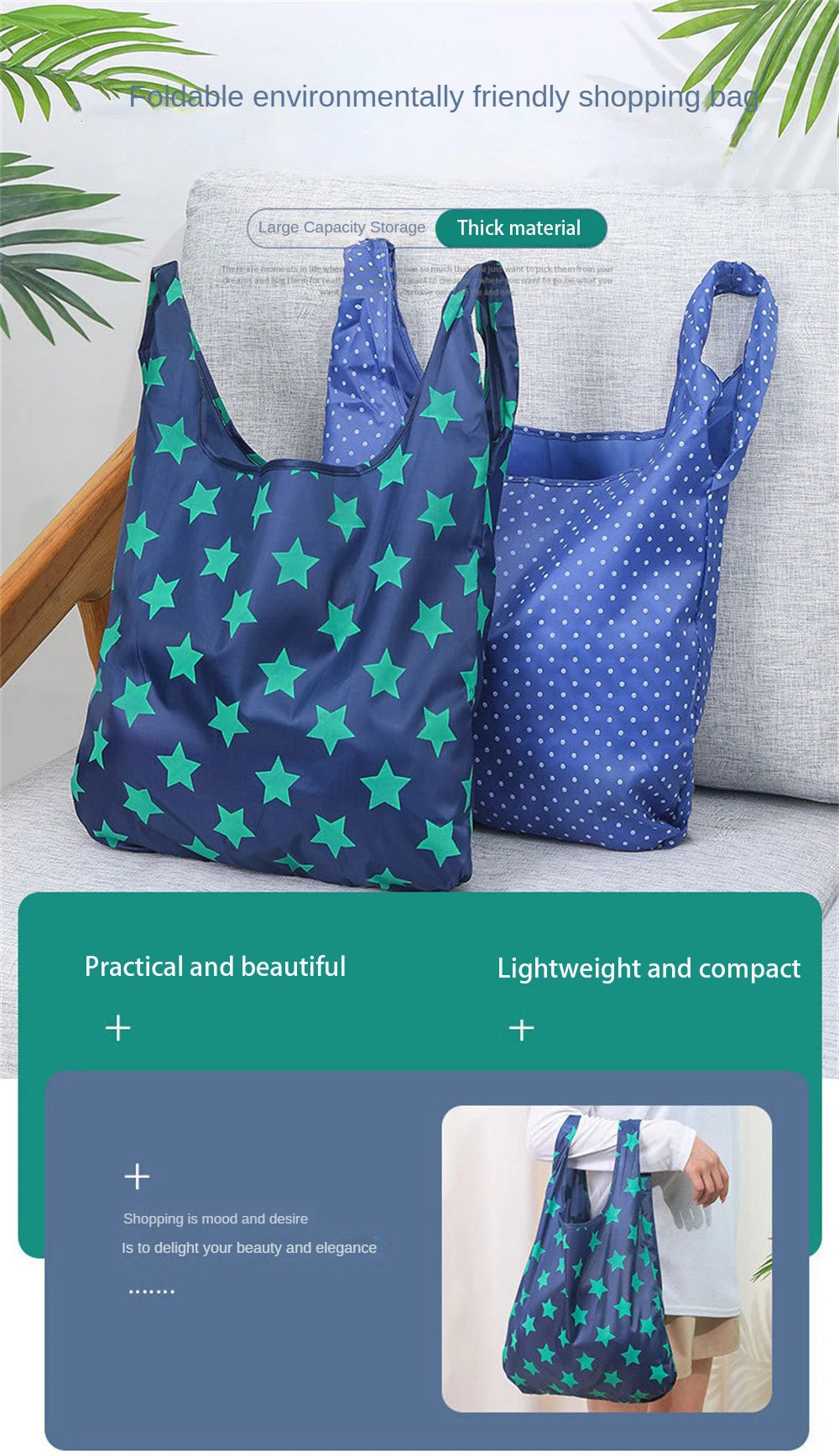 A dark blue reusable shopping bag with a green star pattern is shown next to a light gray surface.