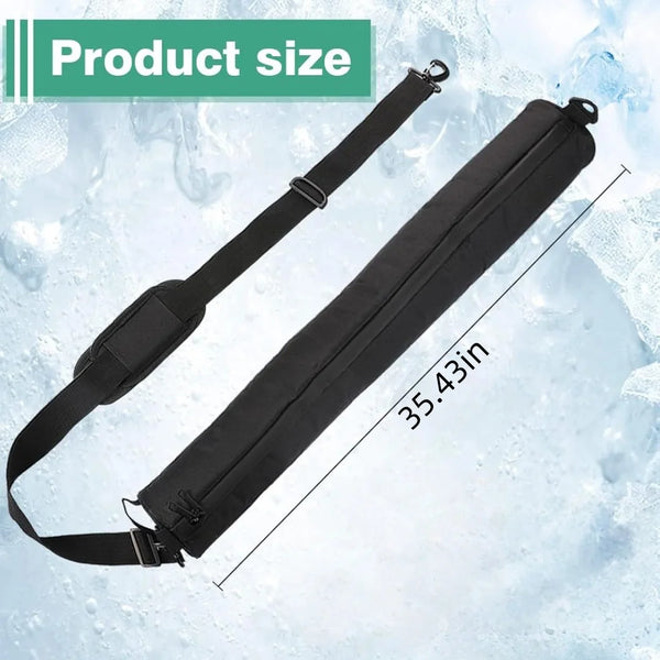 Black insulated golf bag beer cooler sleeve shown flat with a measurement of 35.43 inches.