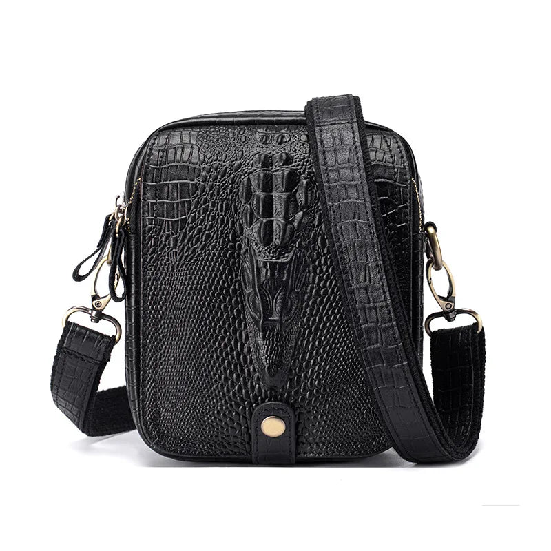 Black genuine cow leather crossbody bag with crocodile texture and black strap