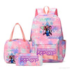 A pink multi-compartment backpack set featuring a Pokemon theme with Demon Hunters and Kpop graphics.