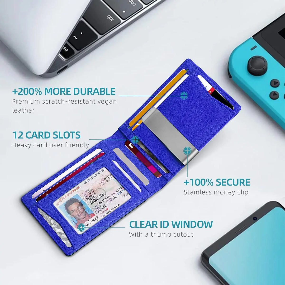 A blue slim leather wallet with a carbon fiber finish showing multiple card slots and an ID window.
