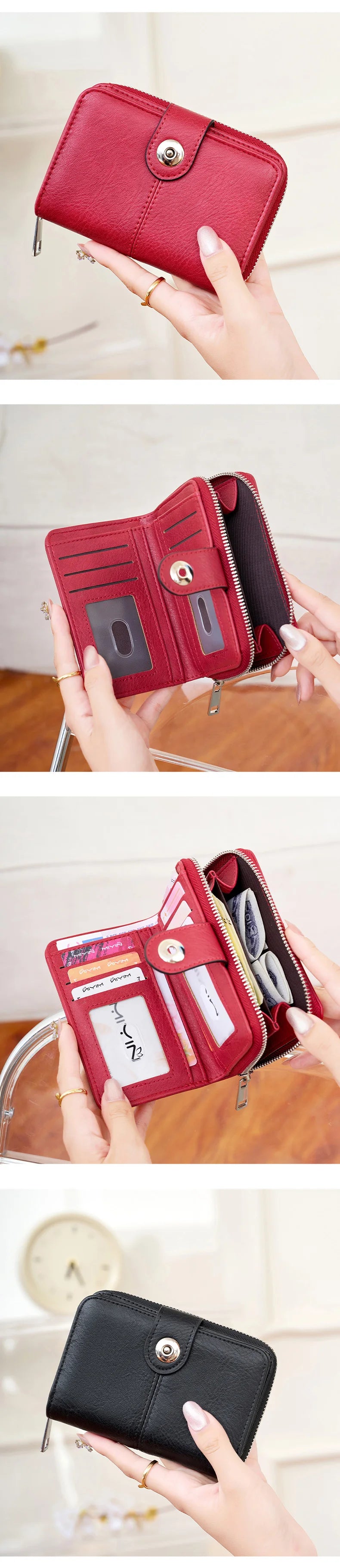 A close-up of a red leather wallet being held by a hand, showing the interior and exterior details.
