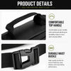 Close-up view of a black tactical sling waist pack showing the comfortable top handle and durable waist buckle.