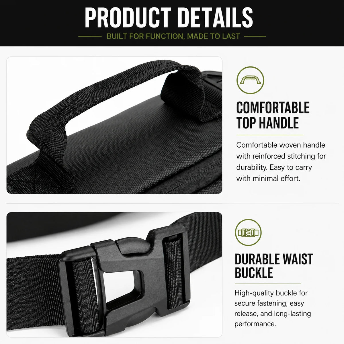 Close-up view of a black tactical sling waist pack showing the comfortable top handle and durable waist buckle.