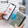 A hand holds a passport holder with a zipper, demonstrating RFID blocking technology against a smartphone screen.