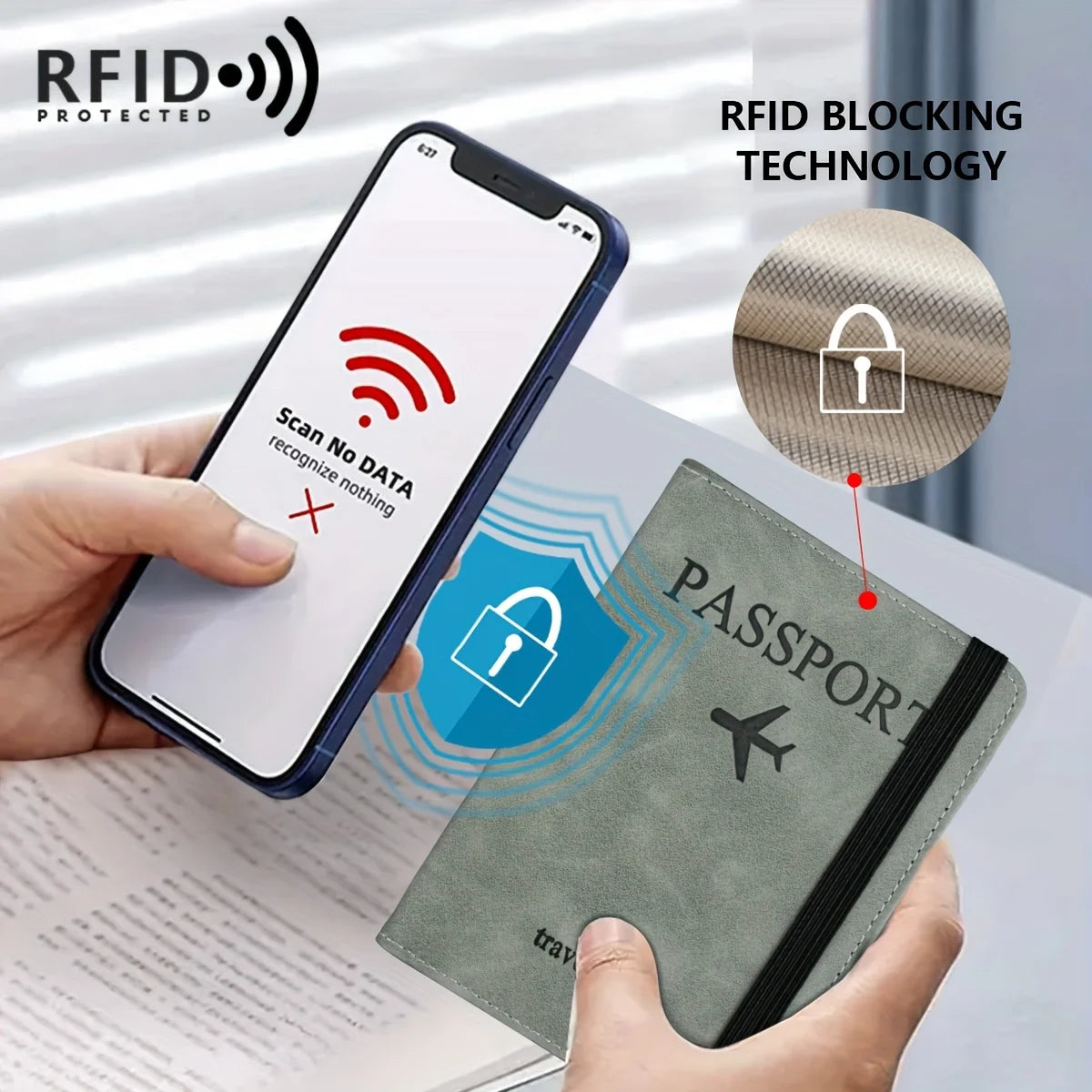 A hand holds a passport holder with a zipper, demonstrating RFID blocking technology against a smartphone screen.