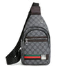 A gray patterned sling bag with brown leather strap and red, green, and black trim.