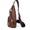 A brown leather men's casual crossbody chest bag with a strap and USB charging port.