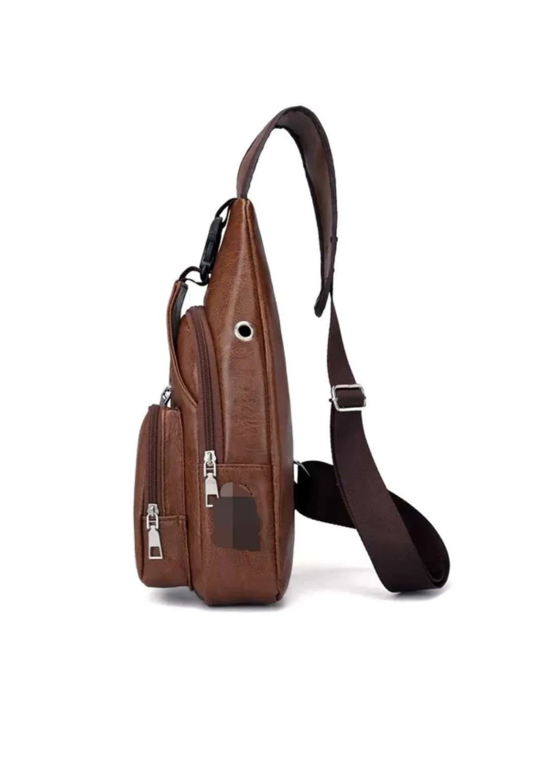A brown leather men's casual crossbody chest bag with a strap and USB charging port.