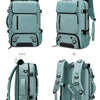 An angle display showing a teal waterproof travel backpack from the front, side, and back views.