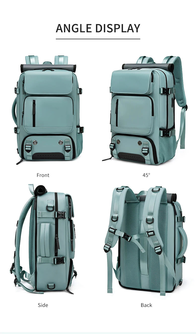 An angle display showing a teal waterproof travel backpack from the front, side, and back views.
