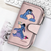 A pink women's long zipper handbag coin purse featuring illustrations of blue cartoon ponies.