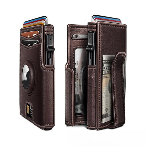 A dark brown men's bifold aluminum card wallet with multiple slots for cards and cash.