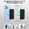 Clear silicone phone cases for iPhone 12, 13, and 14 series, including a MagSafe case and non-magnetic options.