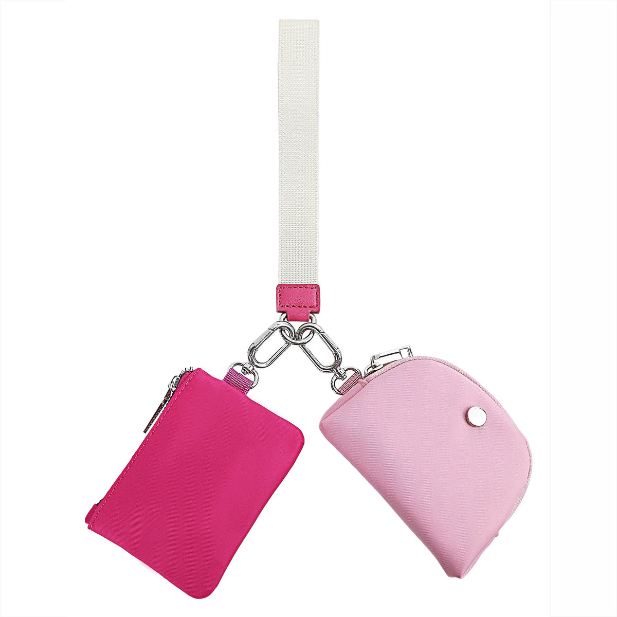 A pink mini zip around wristlet wallet with a white strap and silver chain.