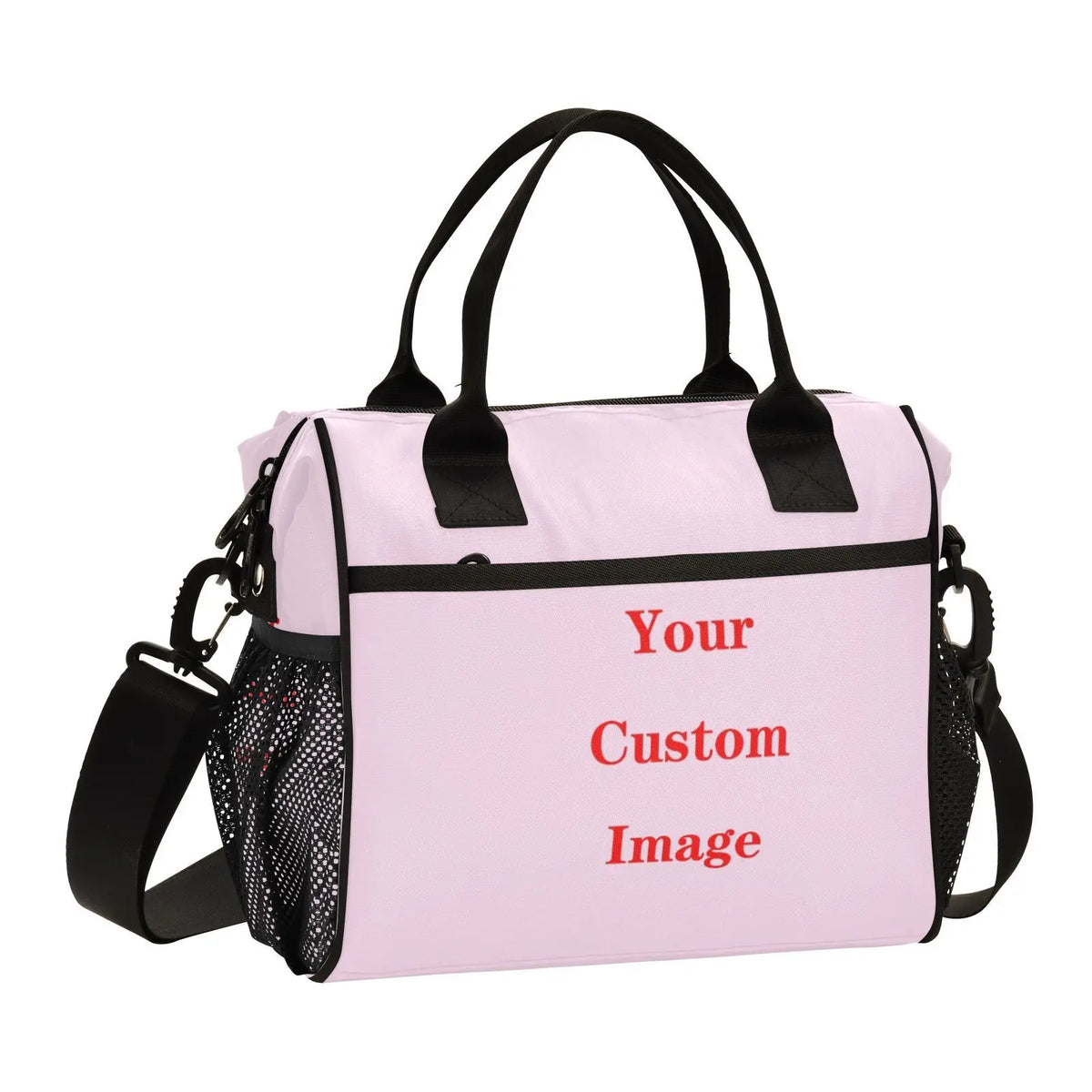 A pink insulated multifunctional picnic lunch bag with black handles and a mesh pocket.