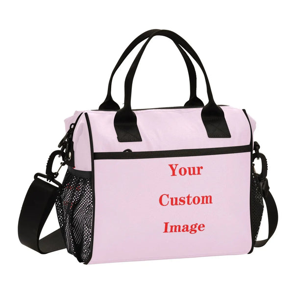 Bolsa de picnic multifuncional aislada rosa con asas negras y un bolsillo de malla.