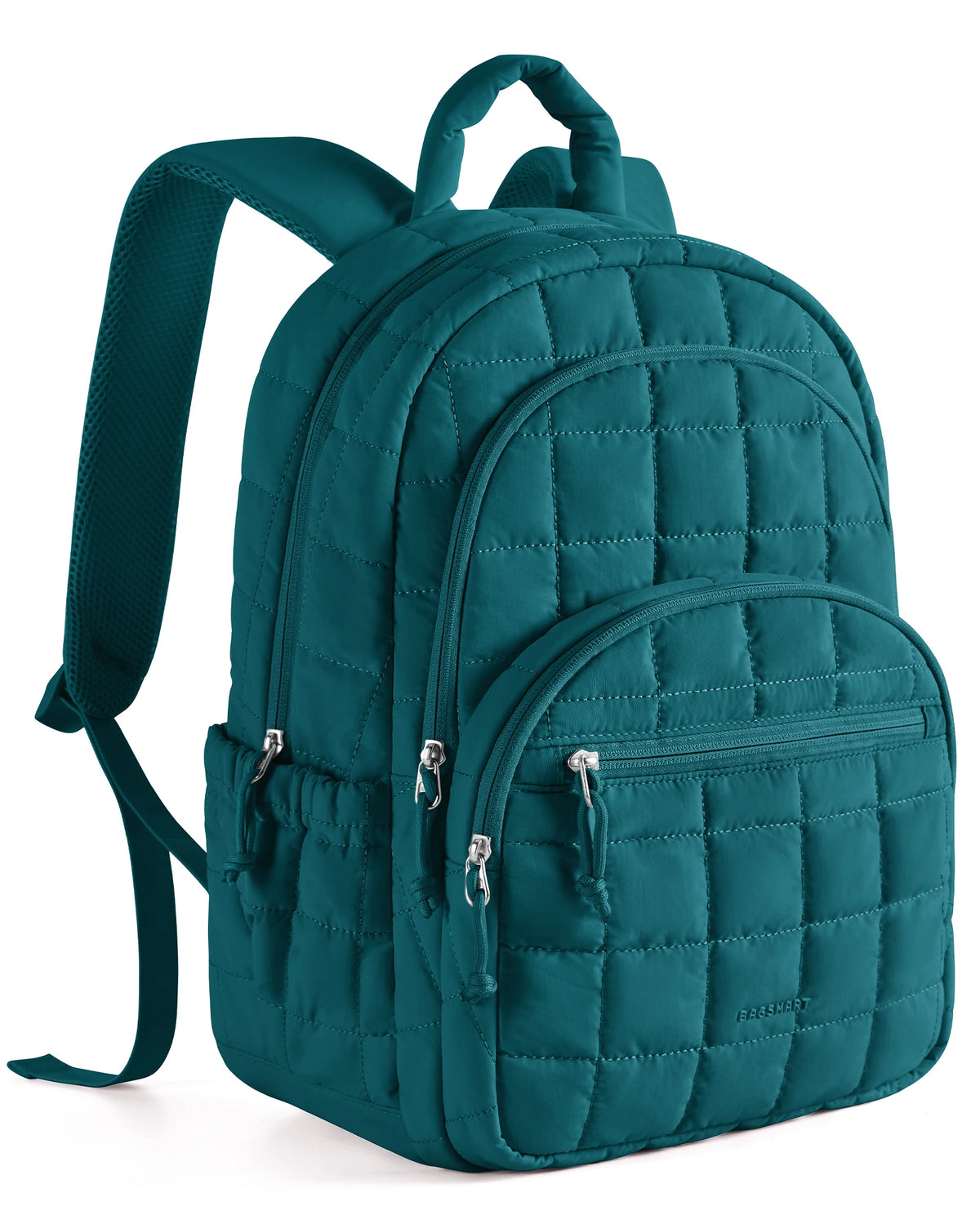 A teal quilted laptop backpack with a shoulder strap and zippered pockets.