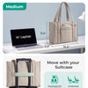 A beige quilted tote bag shown next to a laptop, demonstrating its daily-carry size and suitability for suitcase use.