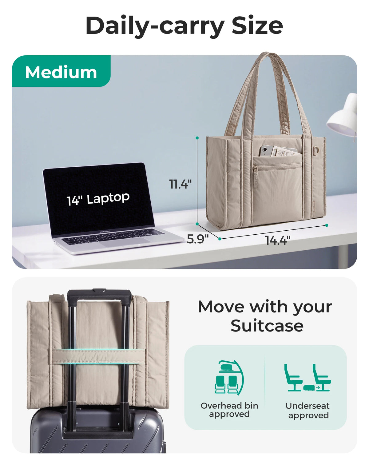 A beige quilted tote bag shown next to a laptop, demonstrating its daily-carry size and suitability for suitcase use.