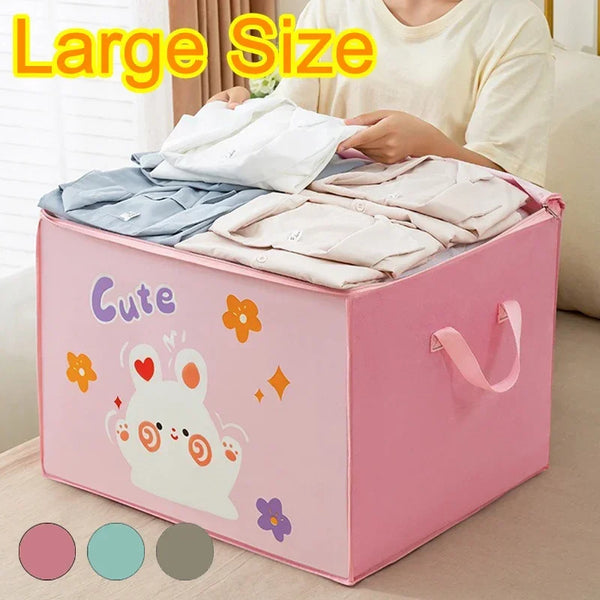 A pink reusable clothes storage quilt bag with a cute white rabbit design is shown next to a person holding folded shirts.