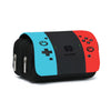 A black, blue, and red double-layered flip pen case with a game controller design.