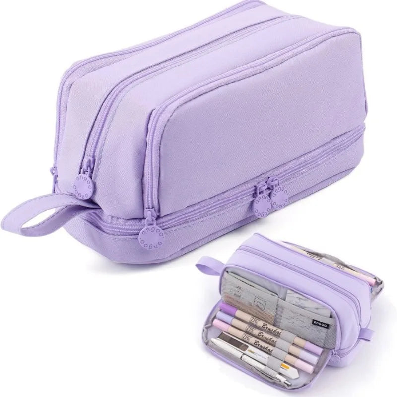 A lavender zippered pencil case designed for students.