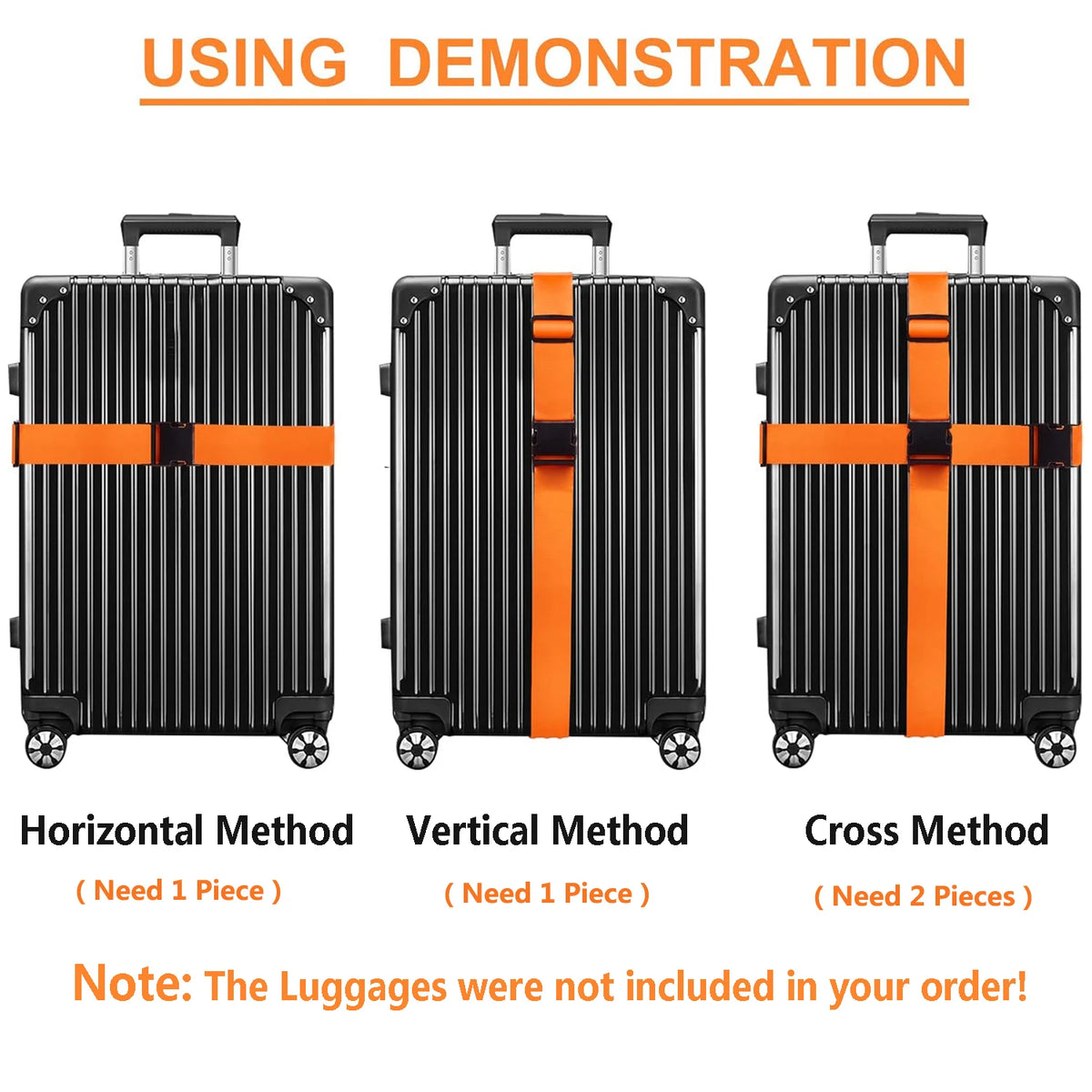 Demonstration showing horizontal, vertical, and cross methods for luggage identification straps.