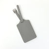 A set of two gray PU leather luggage tags with a cross-pattern detail and attached leather straps.