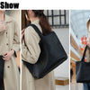 A woman holds a black handwoven vegan leather tote bag with a removable clutch, shown in various angles.