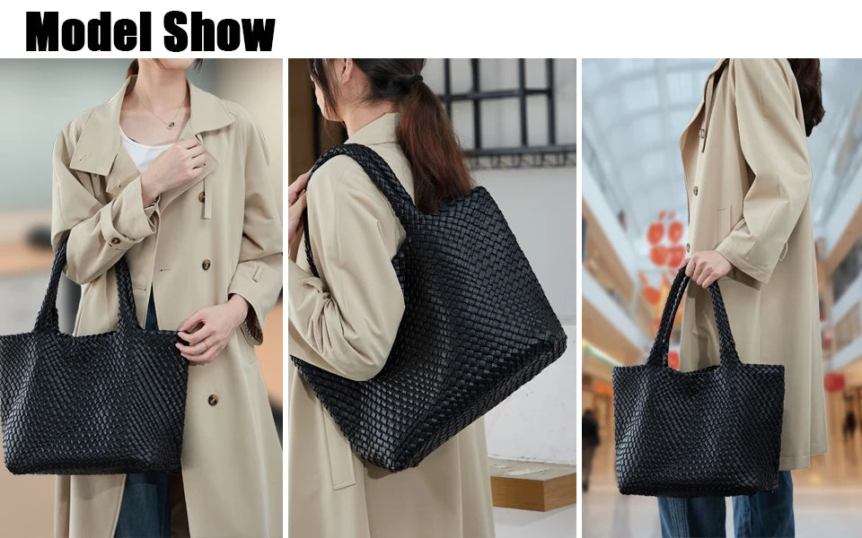 A woman holds a black handwoven vegan leather tote bag with a removable clutch, shown in various angles.