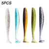 Five colorful, iridescent soft lure fishing tackle pieces displayed vertically.