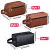Three styles of brown and black PU leather travel toiletry bags shown with dimensions.