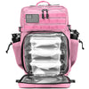 A pink tactical hiking and gym backpack with multiple clear plastic compartments and external storage.
