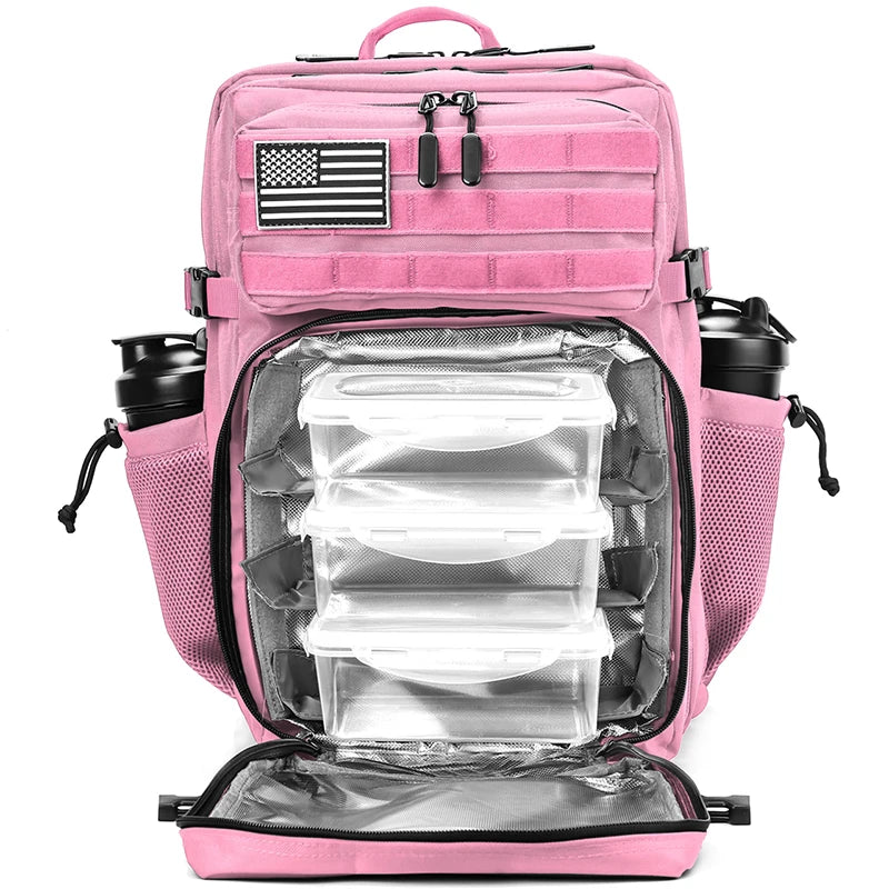 A pink tactical hiking and gym backpack with multiple clear plastic compartments and external storage.