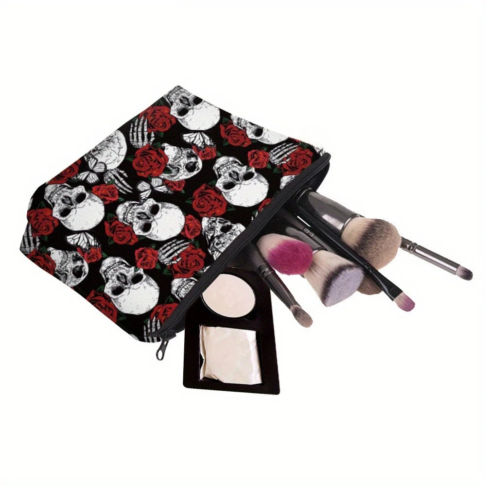 A black makeup pouch featuring a pattern of skulls and red roses, with makeup brushes inside.