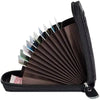 A black slim leather wallet with a zippered compartment showing multiple cards and a protective flap.
