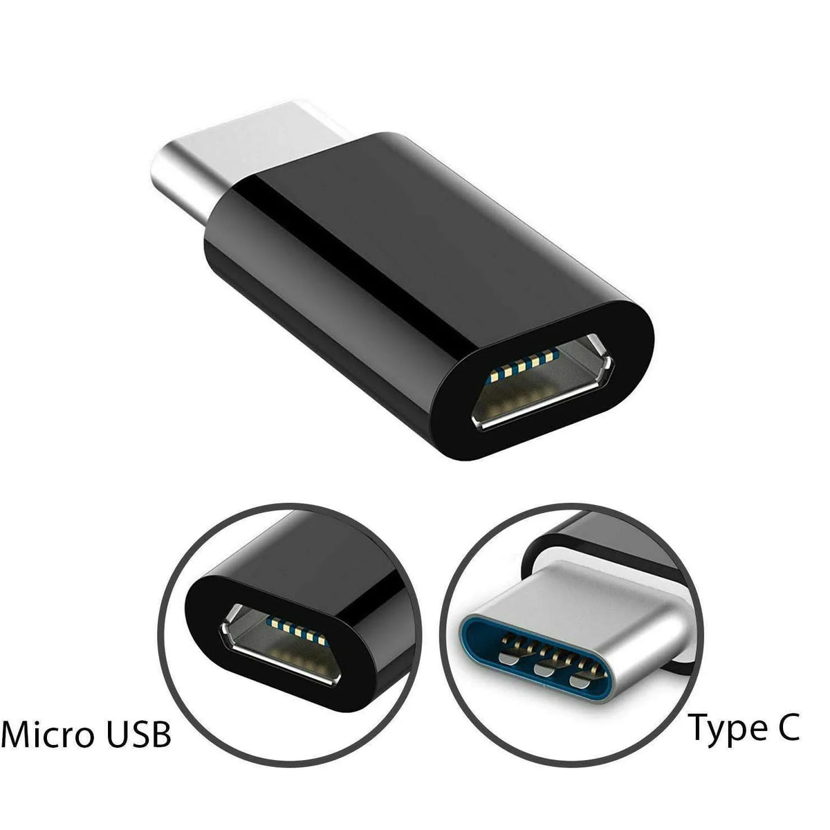 A black adapter with a silver connector, showing both Micro USB and Type-C ports.